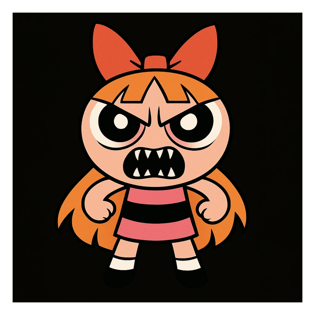 Make Blossom from Powerpuff Girls scary like the reference, with a menacing face, sharp teeth, intense eyes, but keep her signature pink dress and bow, cartoon style, black background. sticker