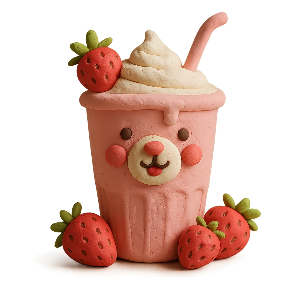 3D claymation style strawberry milkshake cup with a straw, bear character peeking out, two strawberries with green leaves, pastel palette, soft shadows, minimal design, no background sticker