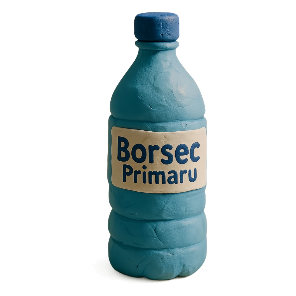 claymation style bottle of water with a label that says 'BorsecPrimaru' sticker
