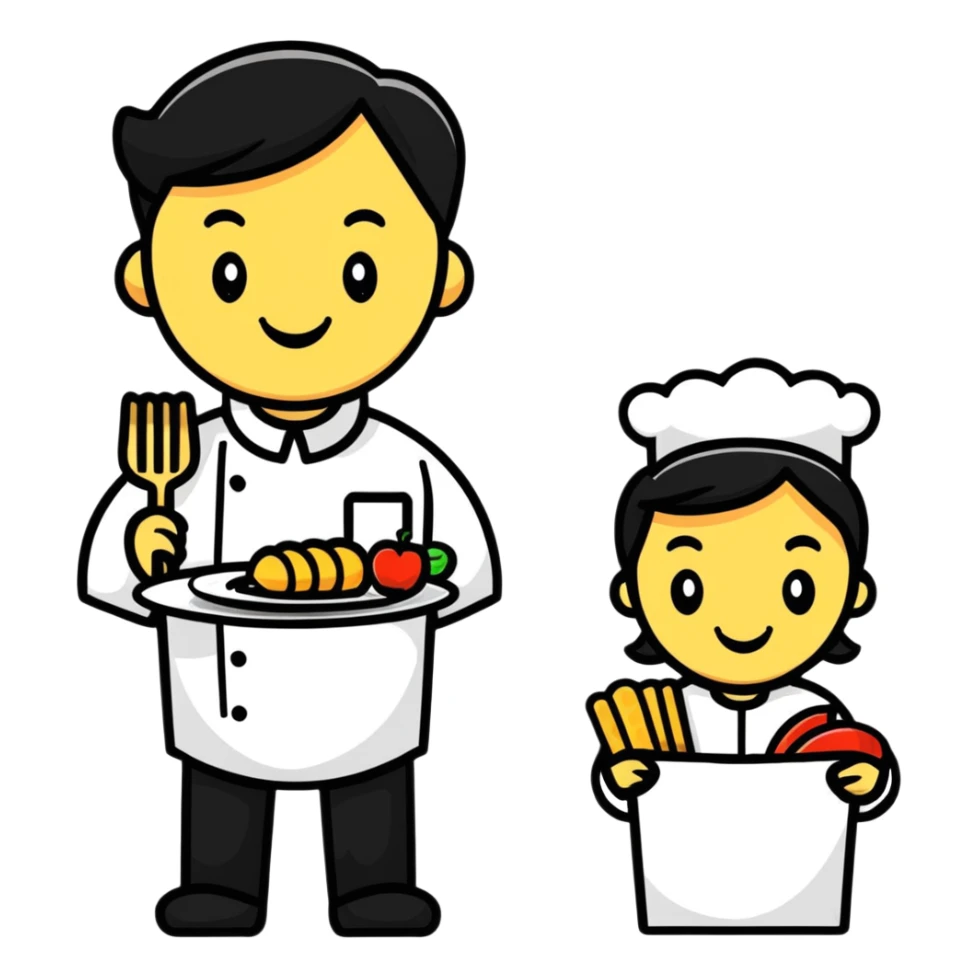 cartoon food and smiling servers at buffet service sticker