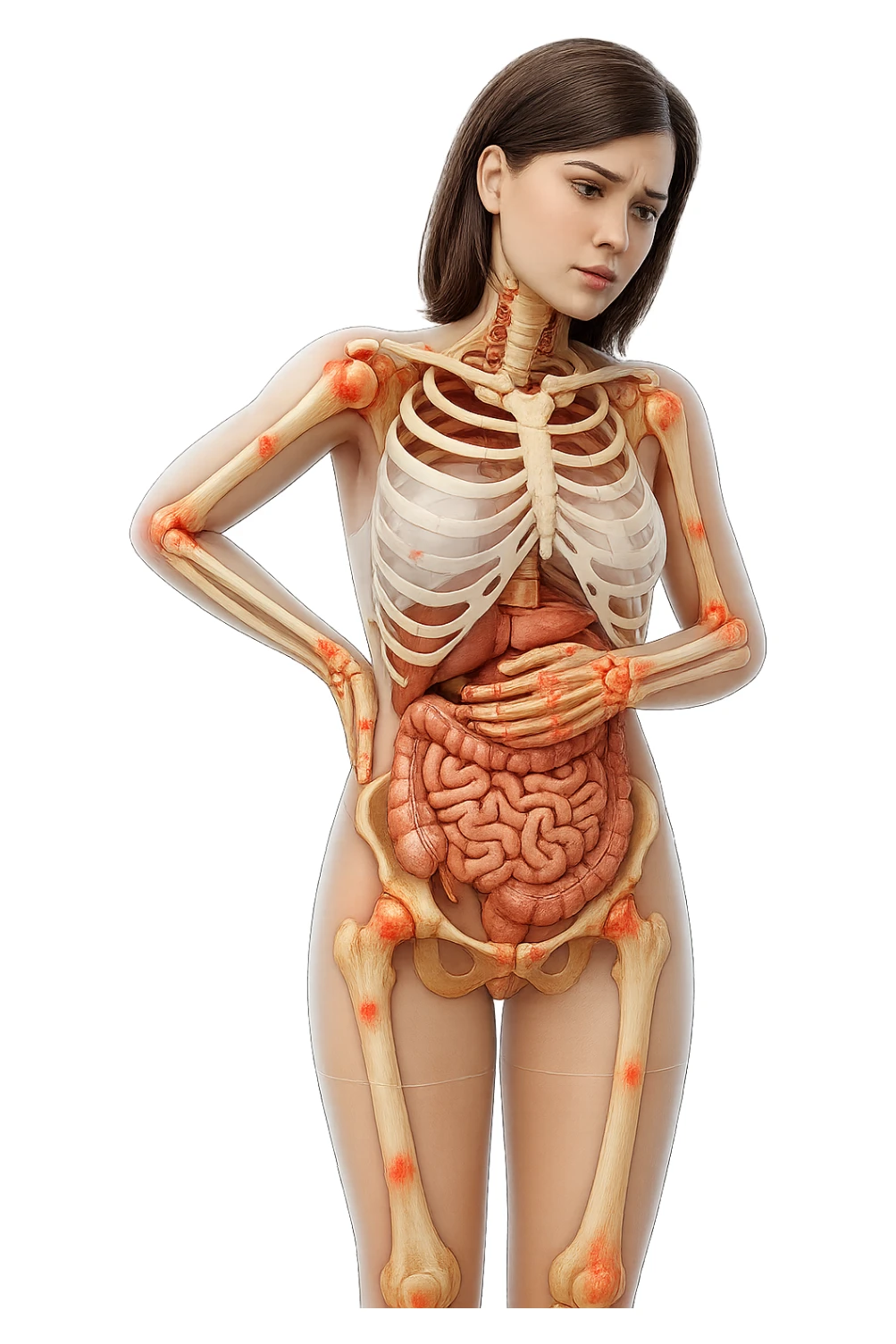 donna realistica a figura intera con red spot sparsi alle ossa, ossa del corpo visibili sul corpo, non sul volto iperrealistico 4k sticker