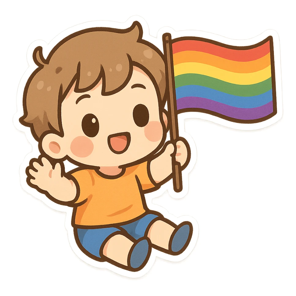 gay pride rainbow flag waving, bright and cheerful, chibi style sticker