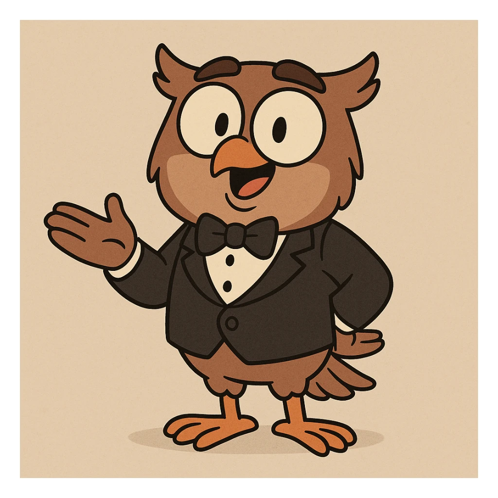 a friendly owl in a tuxedo, eager to help, cartoon style sticker