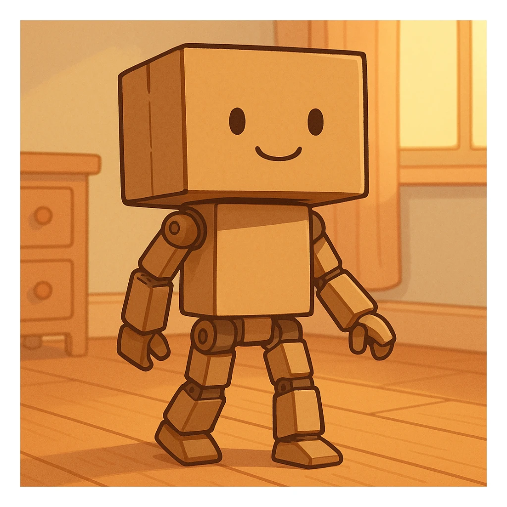 cartoonish cardboard robot with square head, simple drawn face, jointed limbs, standing in a warm, softly lit room with wooden floor, pastel colors, clean lines, nostalgic and cozy sticker