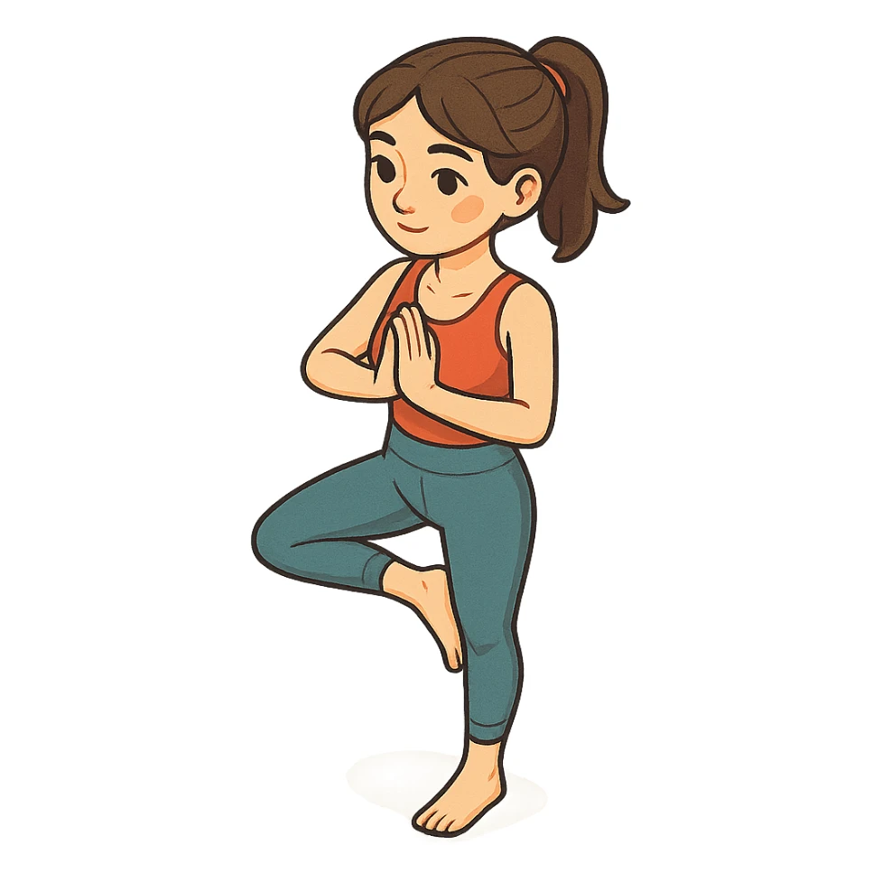 girl in cute yoga outfit performing tree pose (Vrikshasana), 2D isometric style, very detailed facial features, elongated body, many shadows and highlights, clean contours, soft lighting, transparent background sticker