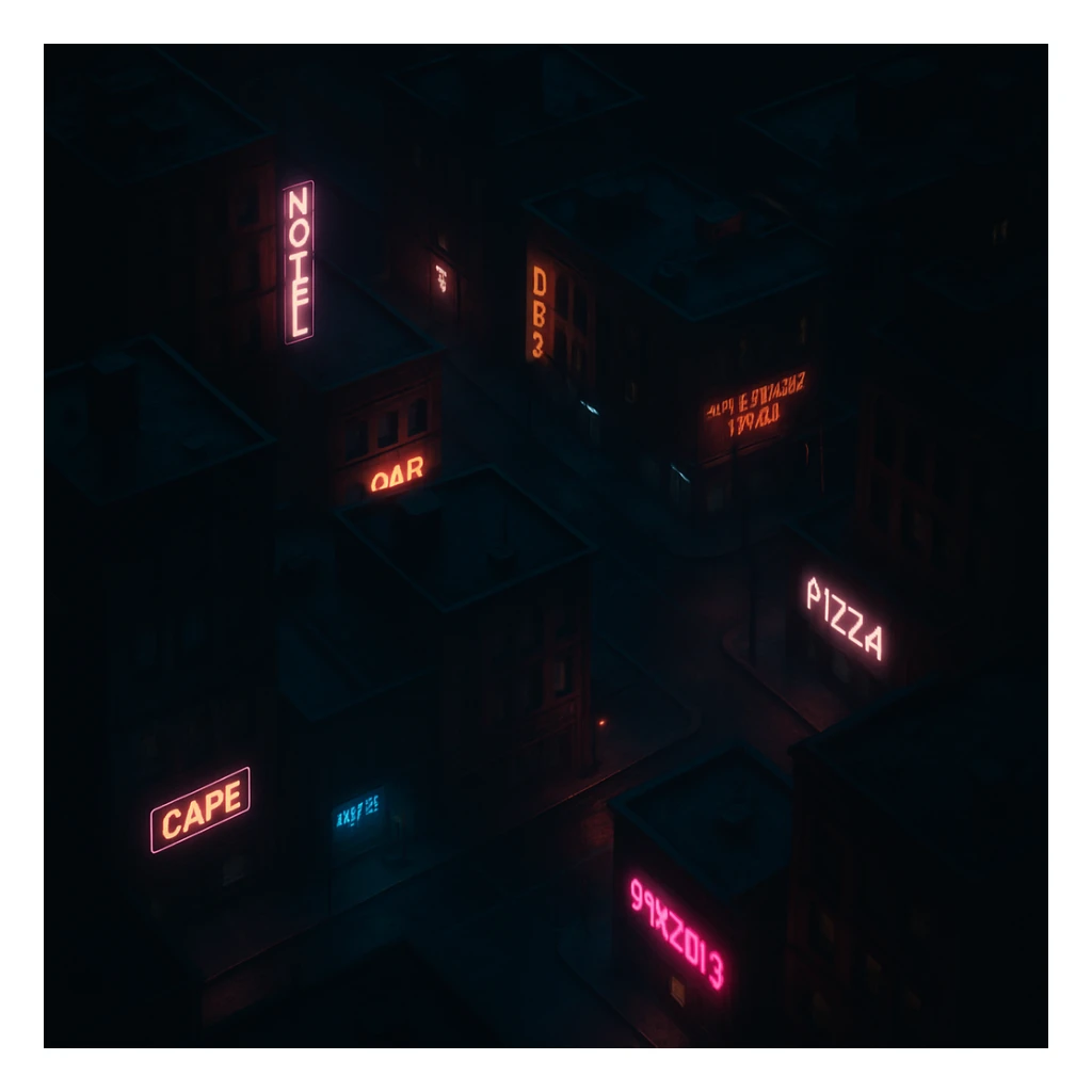 Realistic top-down view of a night city, all in shadow, only establishments glowing, dark and moody, neon noir style sticker