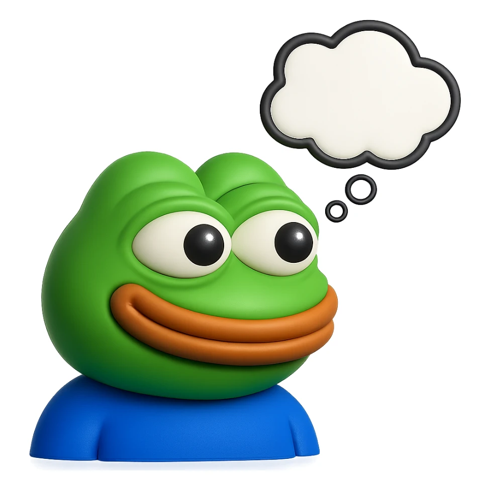 make a pepe in bright green smiling with thought bubble looking at left side in 3d style, good highlights and shadows, drop shadows sticker