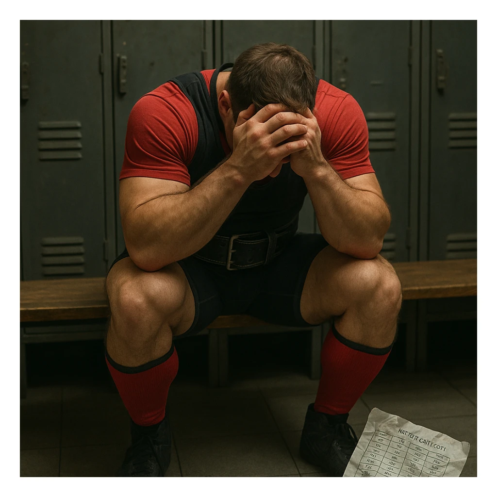realistic powerlifter sitting in locker room with head in hands, competition clothing, crumpled weight category chart beside, frustrated expression, atmosphere of defeat, detailed, locker room background sticker