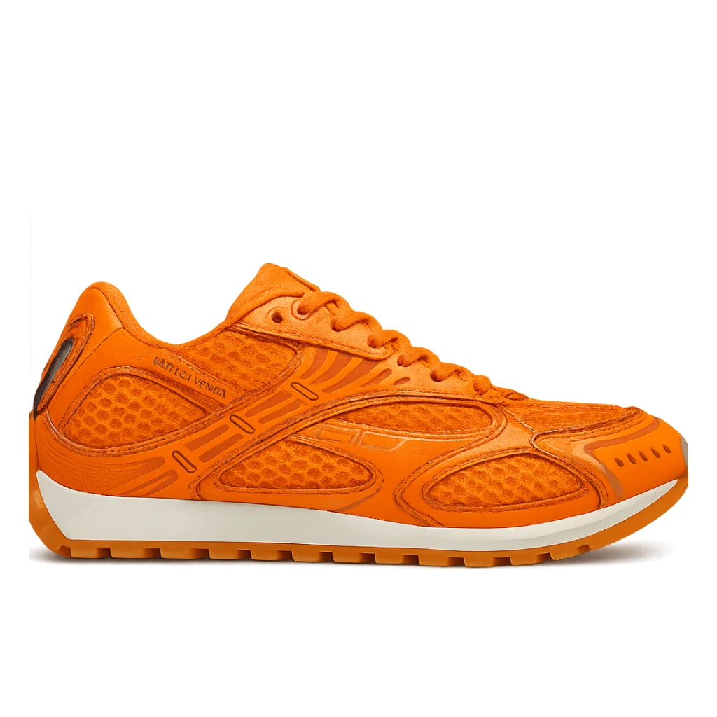 Recreate the Bottega Veneta Orbit sneaker in bright orange, keeping the exact design and details, side view, clean background, in a realistic and detailed style. sticker