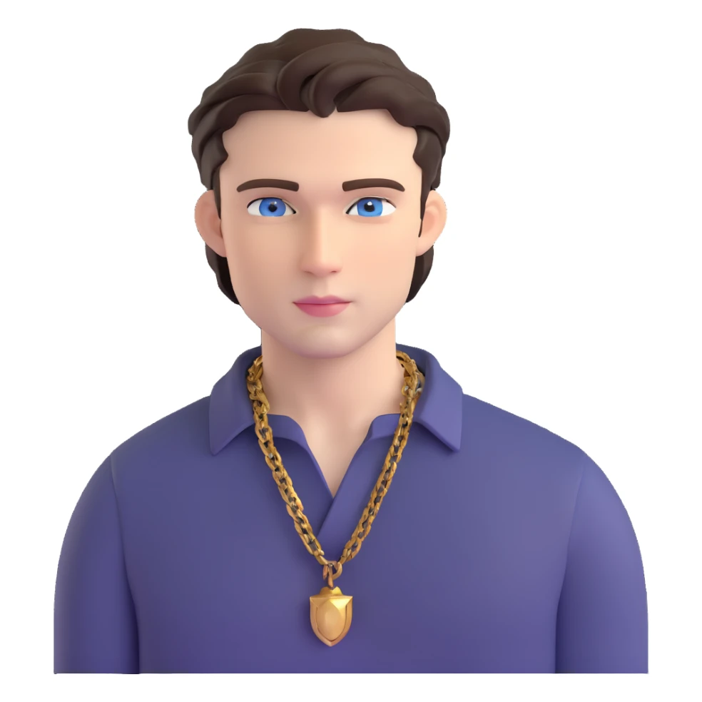 handsome male with intense blue-grey eyes, chiseled features, pale skin, confident smirk, dark brown styled hair, baddie energy, gold chain, stylish fitted shirt sticker