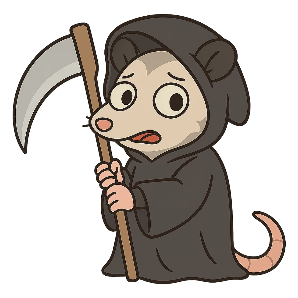 cute cartoon possum dressed up like a grim reaper sticker