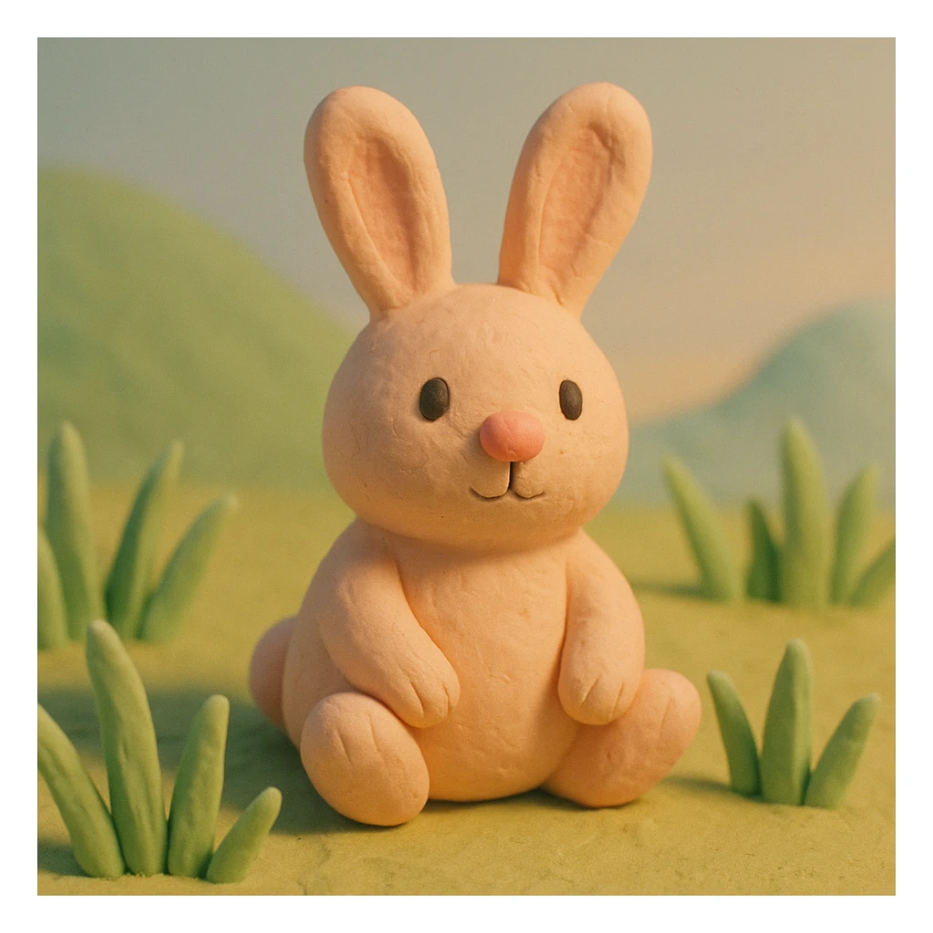 rabbit sitting in grass, pastel colors, visible fingerprints, cute and playful, claymation style sticker
