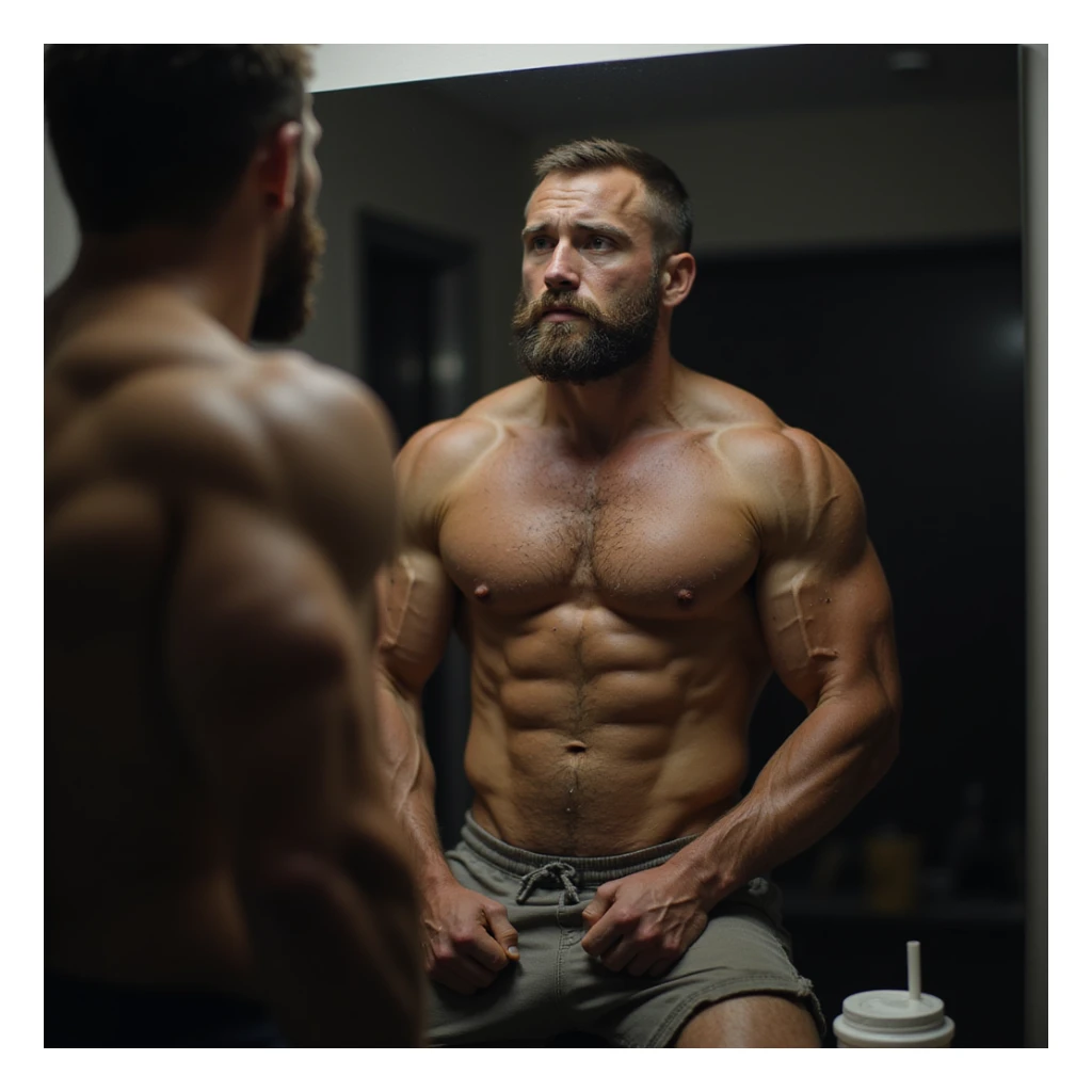 realistic bodybuilder man very lean in cutting phase, bare chest in front of mirror, dry and less full muscles, visible veins, visibly lean body, worried or doubtful expression, gym background with dim light, protein shaker on bench sticker
