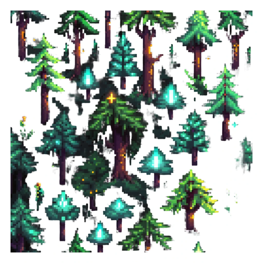 magical forest with glowing crystals and light particles sticker