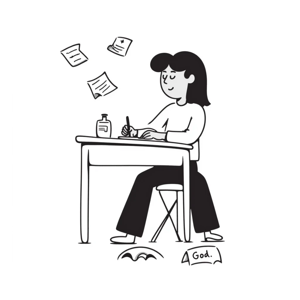 A student at a desk writing an essay that begins with "Dear God" in clear handwriting, surrounded by crumpled paper drafts sticker