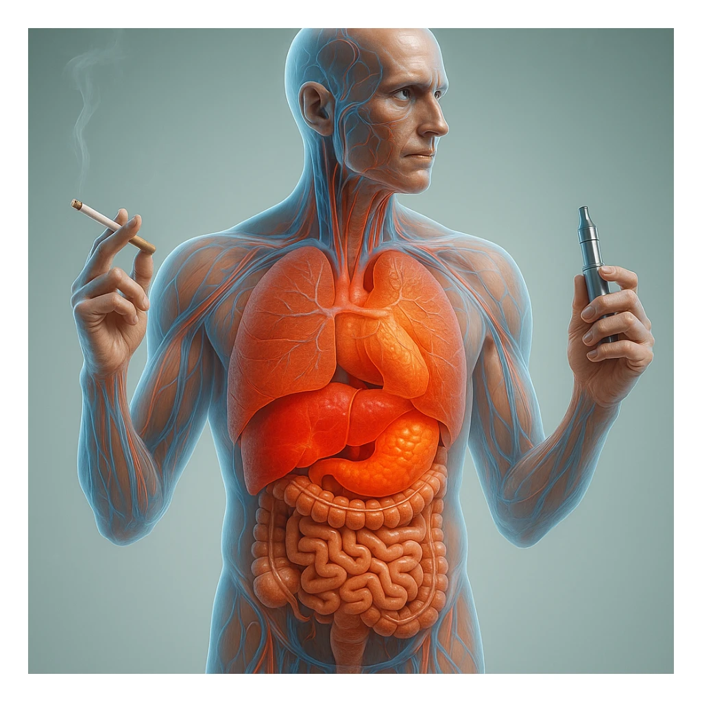 Medical illustration, hyperrealistic 4K, realistic anatomical human body, inflamed liver and intestine highlighted, holding a lit normal cigarette in the right hand and an electronic cigarette in the left hand, clear background, extremely detailed, same lighting and style as the reference image. sticker