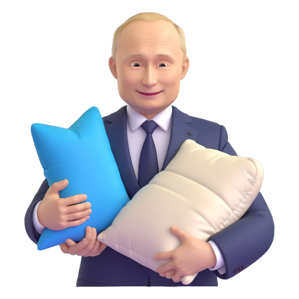 Vladimir Putin in a suit smiling and holding a memory foam pillow with an Amazon package next to him sticker