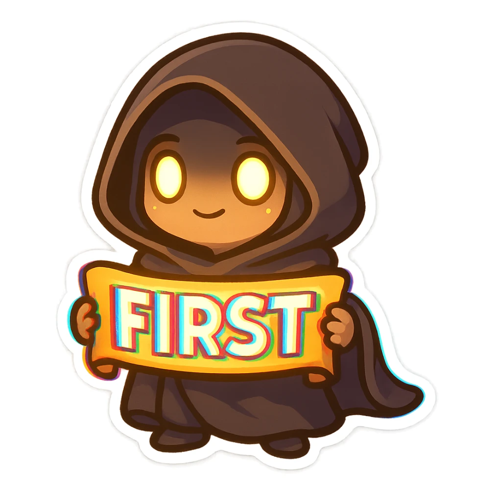 A small hooded character holding a glowing banner that says 'FIRST' in bold text. The figure looks proud and cute, with glowing eyes under the hood and an RGB glitch effect on the banner. Bright, vivid colors sticker