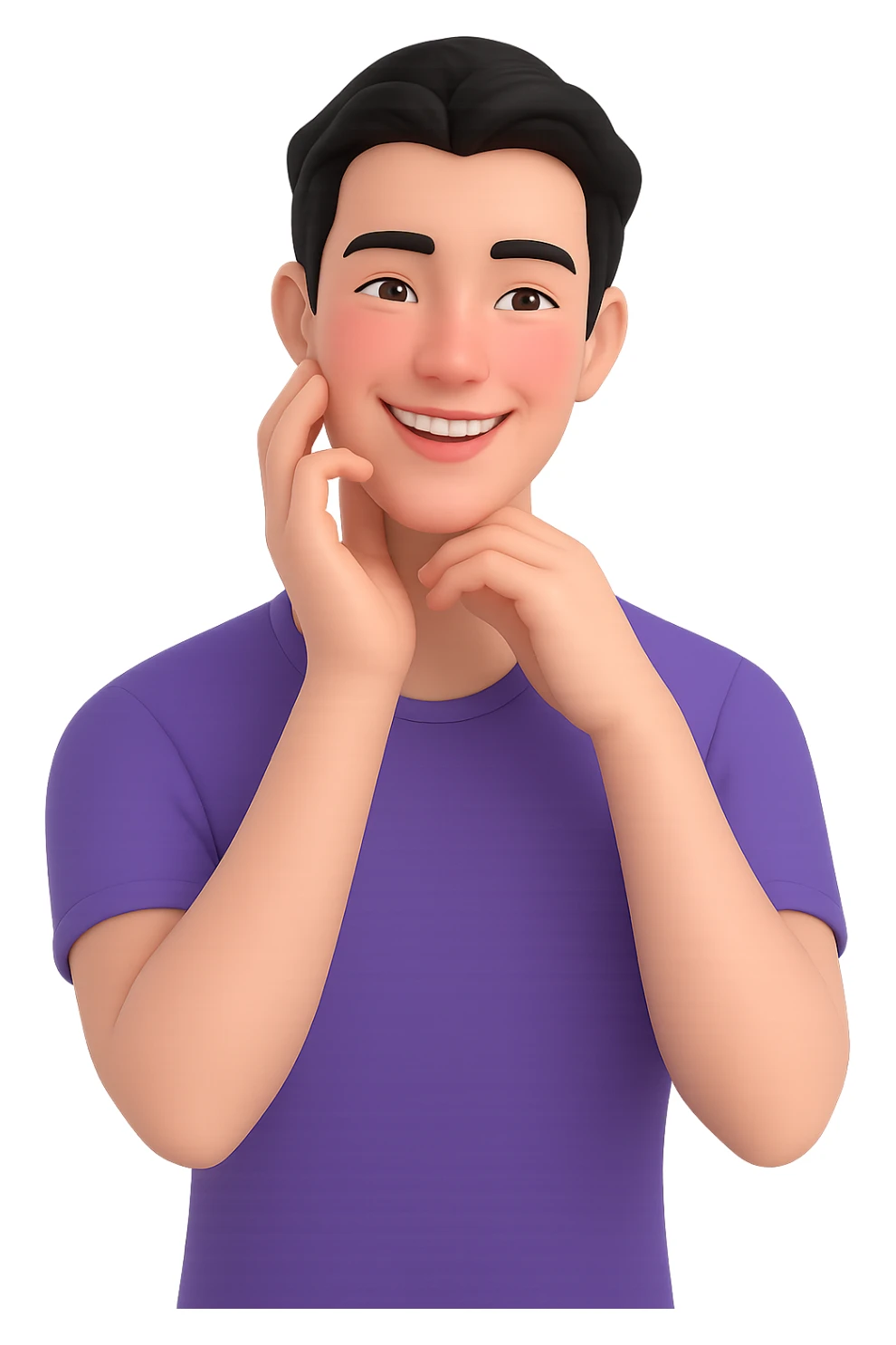 Make the handsome black-haired guy smile more, keeping his dreamy, flushed look and subtle romantic hints that his boyfriend is the cause of his low blood pressure. Preserve the transparent background. sticker