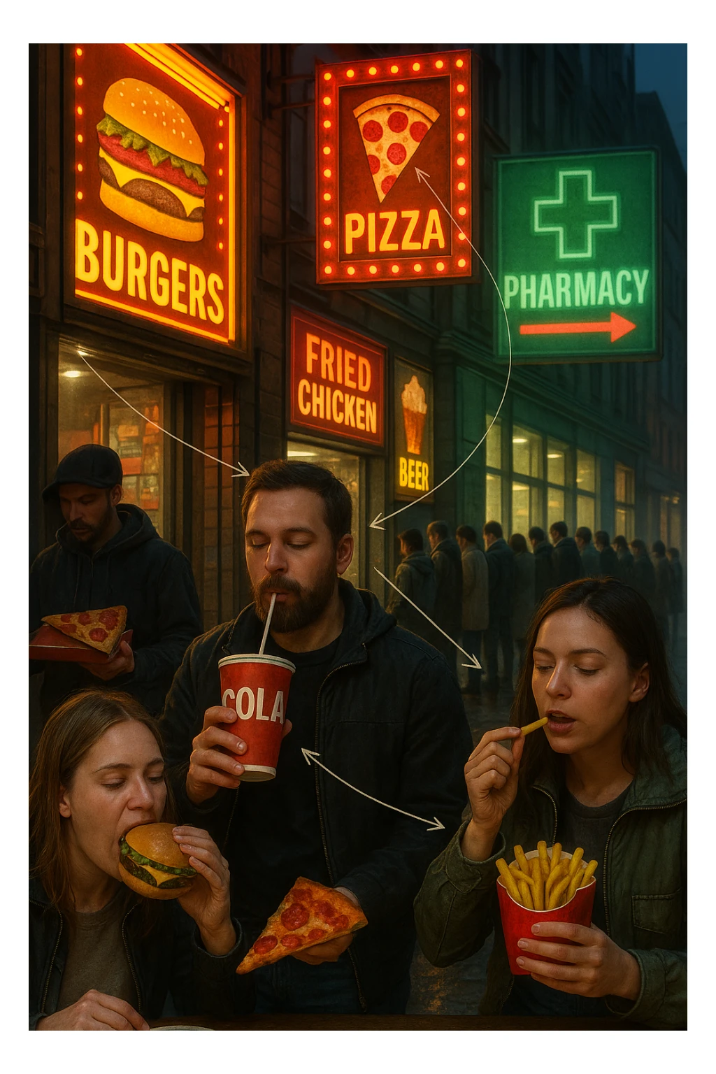Realistic, vertical scene: a city street filled with bright, enticing advertisements for junk food and alcohol. In the foreground, people indulge in unhealthy foods and drinks, while in the background, a large pharmacy sign glows, and a line of people waits to buy medicine. Subtle arrows or visual cues connect the unhealthy choices to the need for medication, highlighting the cycle. in italiano sticker