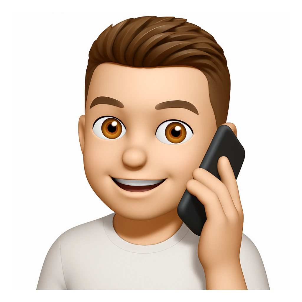 Based on these photos, make an emoji with facial features preserved, a man in a white t-shirt, talking on the phone sticker