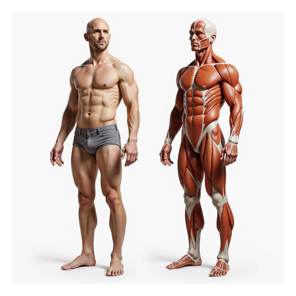 realistic male body in 9:16, standing front view, left half with visible fat accumulation and anatomical overlay of adipose tissue, right half lean with well-defined muscles and muscular anatomical overlay sticker