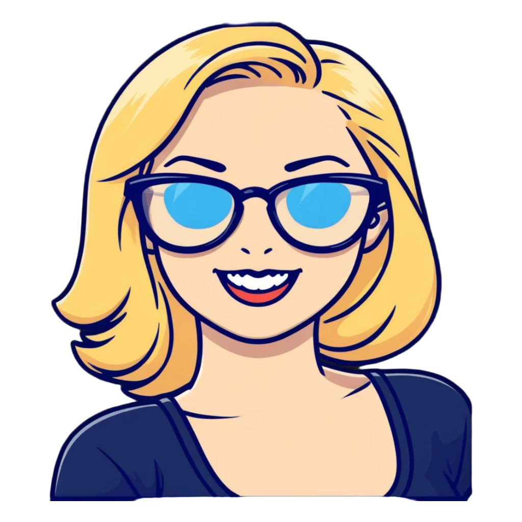 smiling blonde pinup, blue eyes, black glasses sticker
