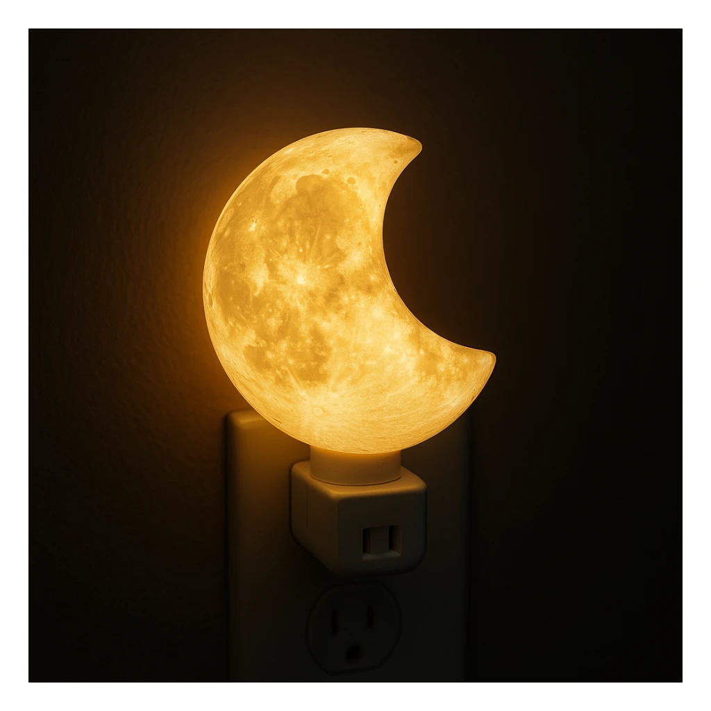a moon nightlight with a plug, glowing warmly, realistic style sticker
