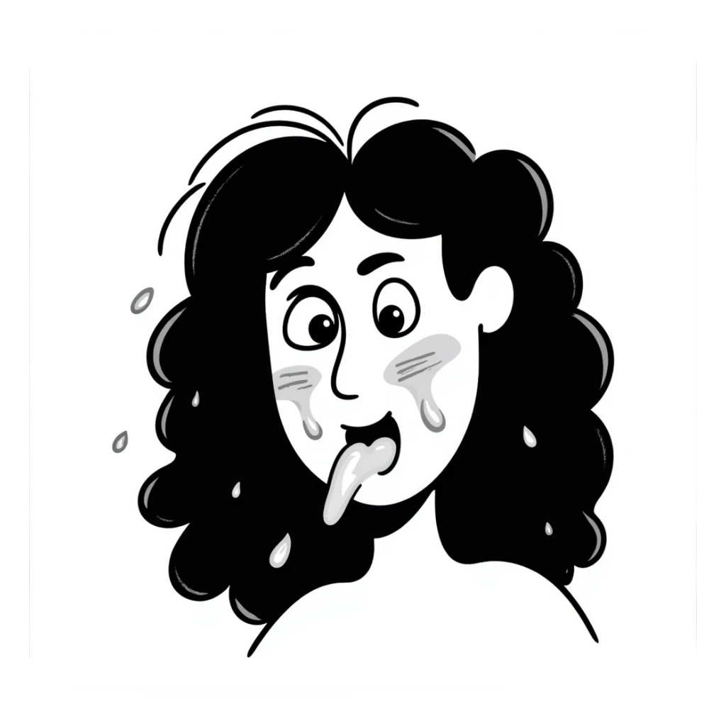shocked woman with long messy curly black hair, thick goopy white liquid on cheeks, lips, tongue, tongue out, eyes wide open, gunk dripping and matting hair sticker