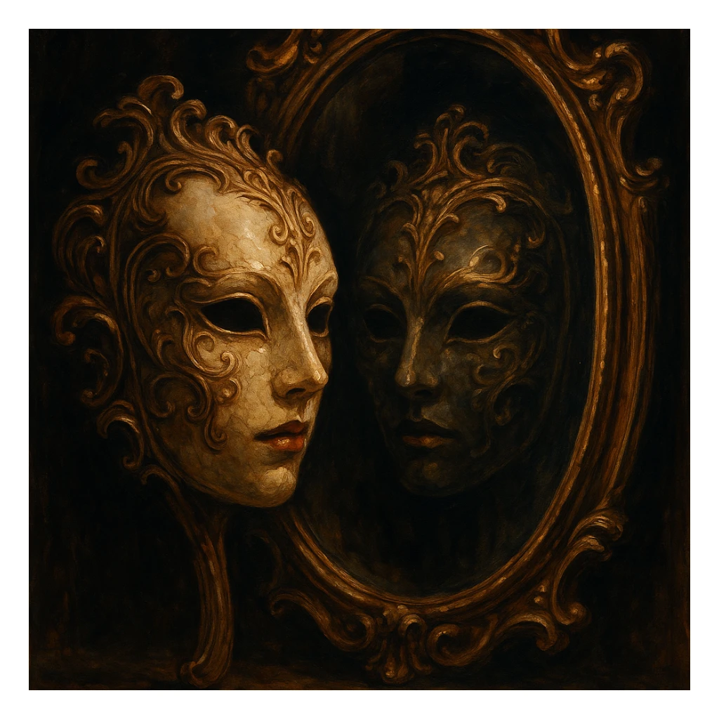 a mask reflected in a mirror, visually striking style, artistic, detailed, dramatic lighting sticker