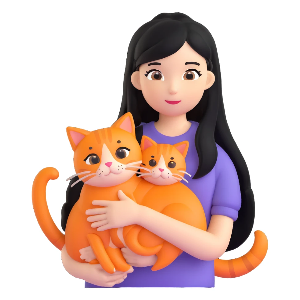 girl with long black hair holding an orange cat sticker