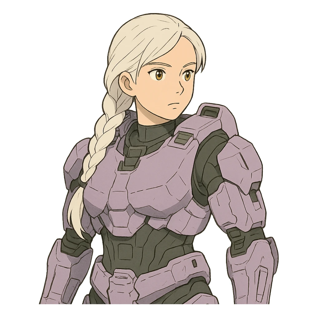 female, wearing reach spartan armor default, long white braid hair, gold yellow eyes, attention pose, halo series, no helmet, the armor is lavender color scheme and has no shoulder pad attachments. DDD bust size fitting sticker
