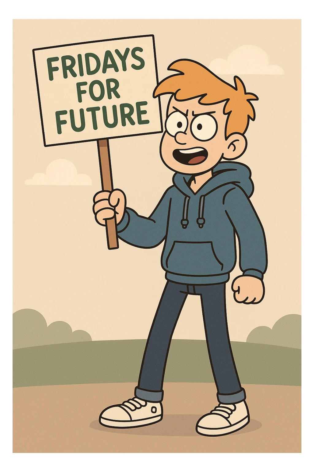  Fridays for Future a boy Yellow Orange hair blue jackets hoodie dark blue jeans white shoe  sticker