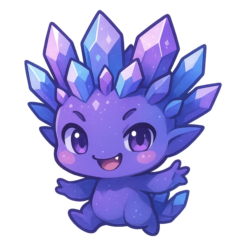 kawaii chibi style crystal sprite creature in purple, blue, and pink with a mischievous expression and playful smile sticker