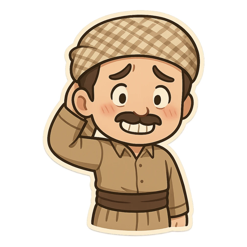Kurdish man or woman in jamadani, cartoon style, feeling embarrassed, scratching head or looking away, awkward smile, no text sticker