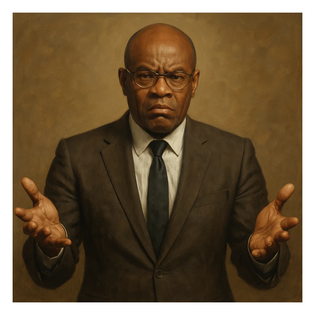 Сгенерируй мне афроамериканца в пиджаке, лысого, в очках, он выглядит солидно. Строго в анфас. Его лицо чуточку недовольно, а руками он размахивает и разводит в сторону. На однородном фоне. В стиле реалистичной живописи. Он полностью помещается в экран и не обрезается краями изображения sticker