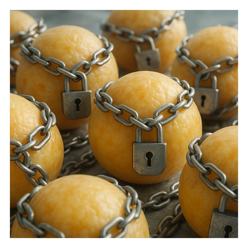 group of adipocytes each locked by chains and padlock, hyper realistic 4K, cellular details, clinical atmosphere, natural light sticker