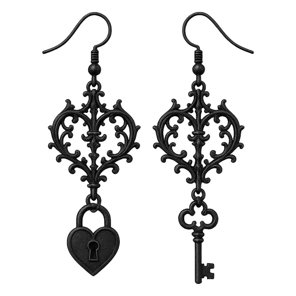 goth earrings, black lock and key, romantic gothic style, intricate, detailed sticker