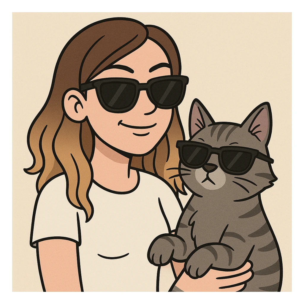 a white woman with light brown ombre hair and a grey tabby cat, both wearing black sunglasses and looking cool, in a cartoon style sticker