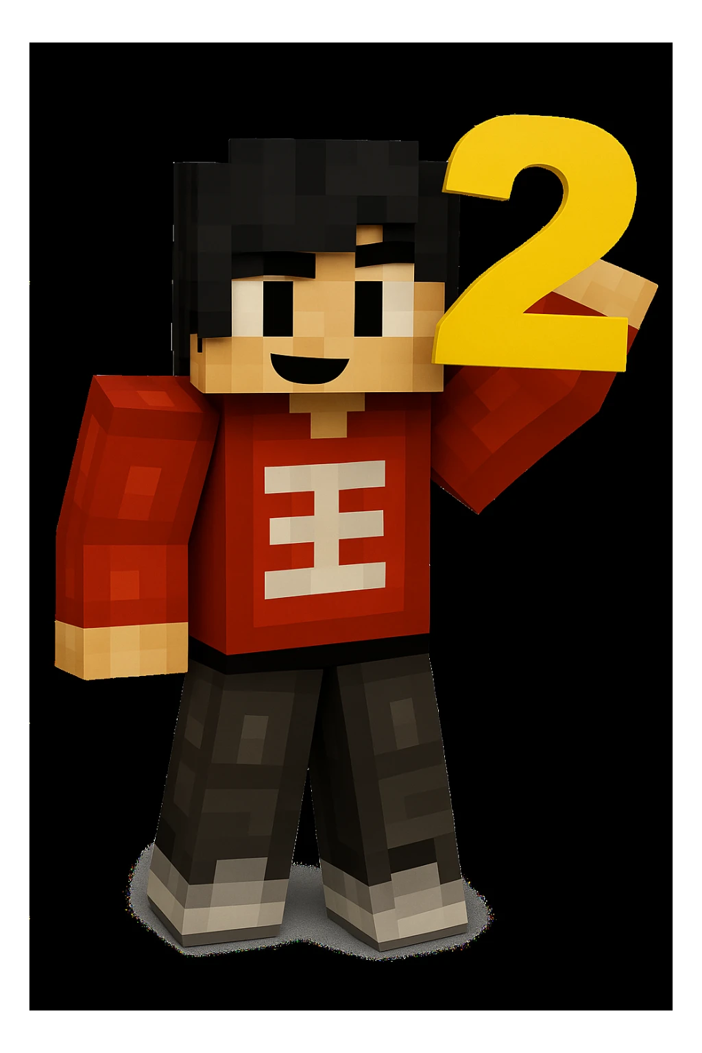 Add the number 2 held in the character's hand, keeping the original Minecraft cartoon style and pose exactly the same, only add the number 2 without changing anything else. sticker