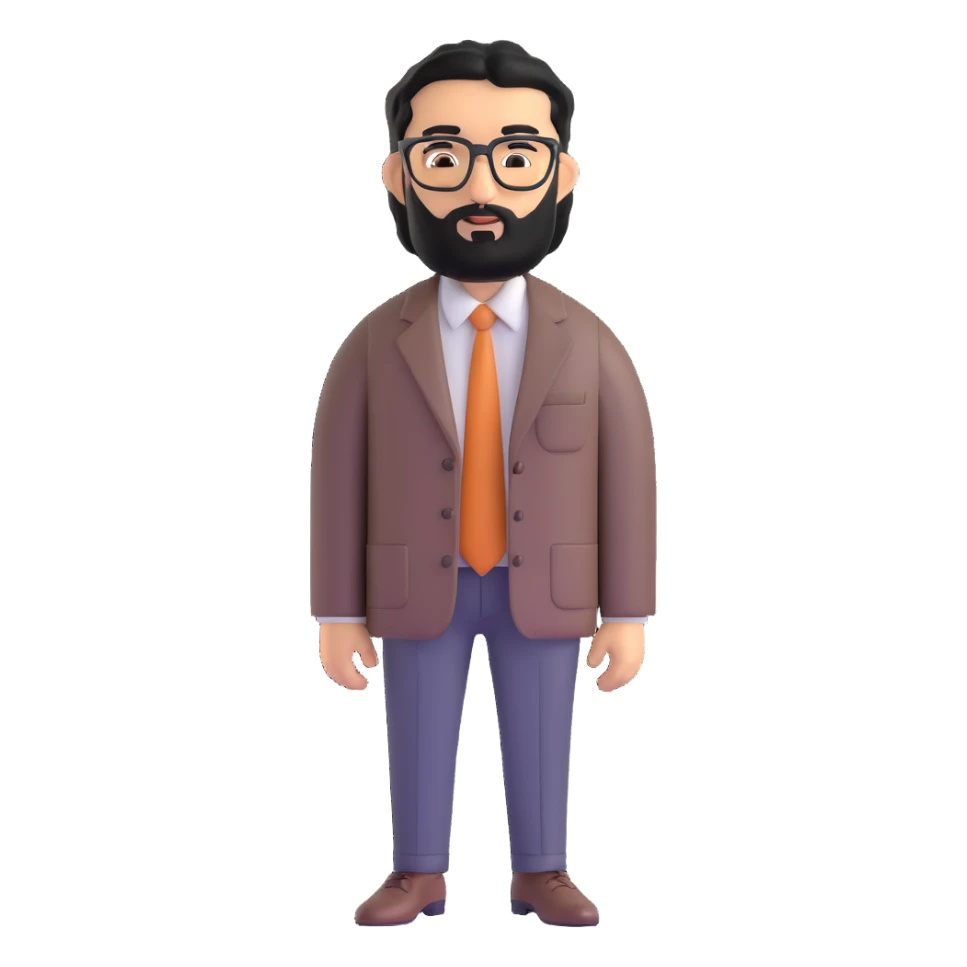 professional middle eastern businessman with medium length black beard, black hair, thick unibrow, elongated nose, tan skin, brown eyes, glasses, wearing business casual outfit with open collar shirt sticker