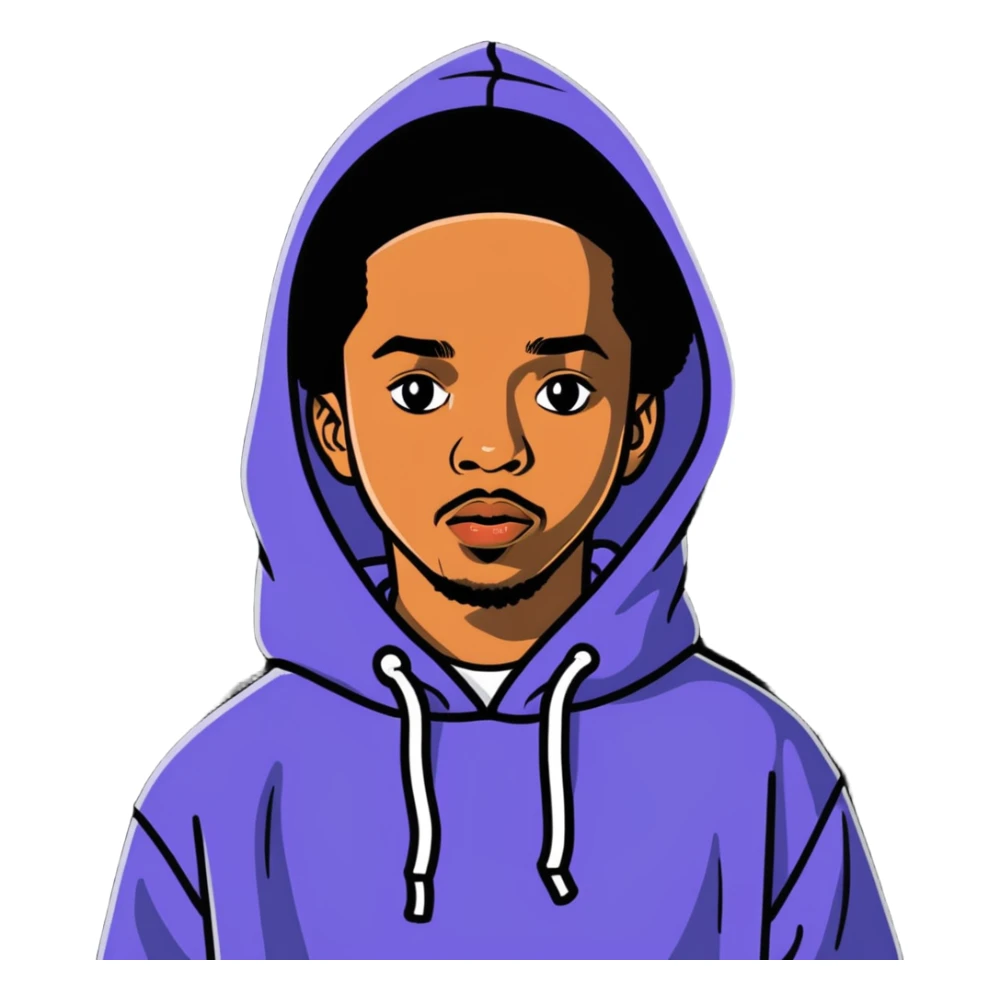 Earl Sweatshirt with hoodie and his distinctive look sticker