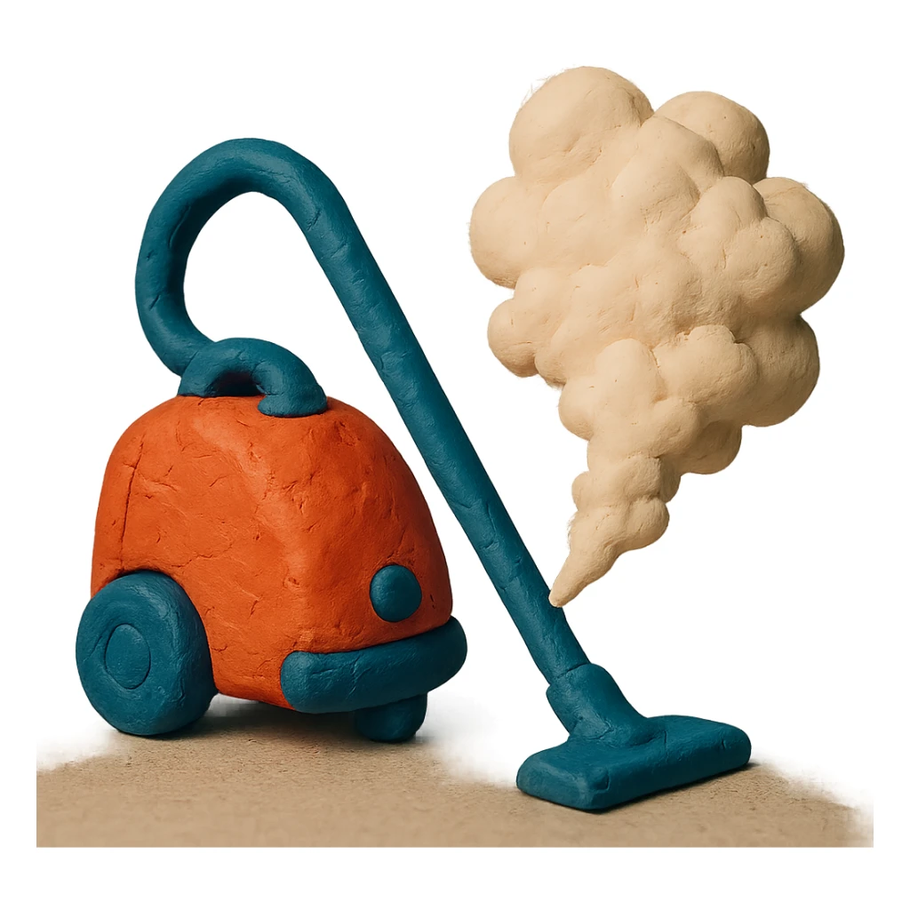 vacuum cleaner with dust cloud in claymation style with matte finish and soft lighting sticker