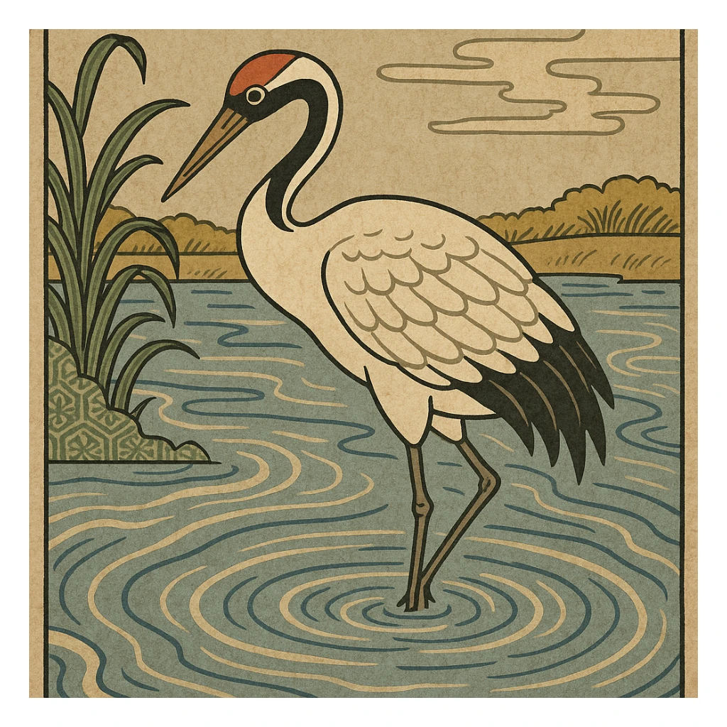 ukiyo-e style illustration of a crane bird standing in water sticker