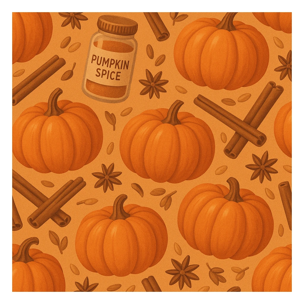 seamless pattern of pumpkins and pumpkin spice, warm orange and cinnamon tones, cozy autumn vibes, soft texture, vector style, high resolution sticker