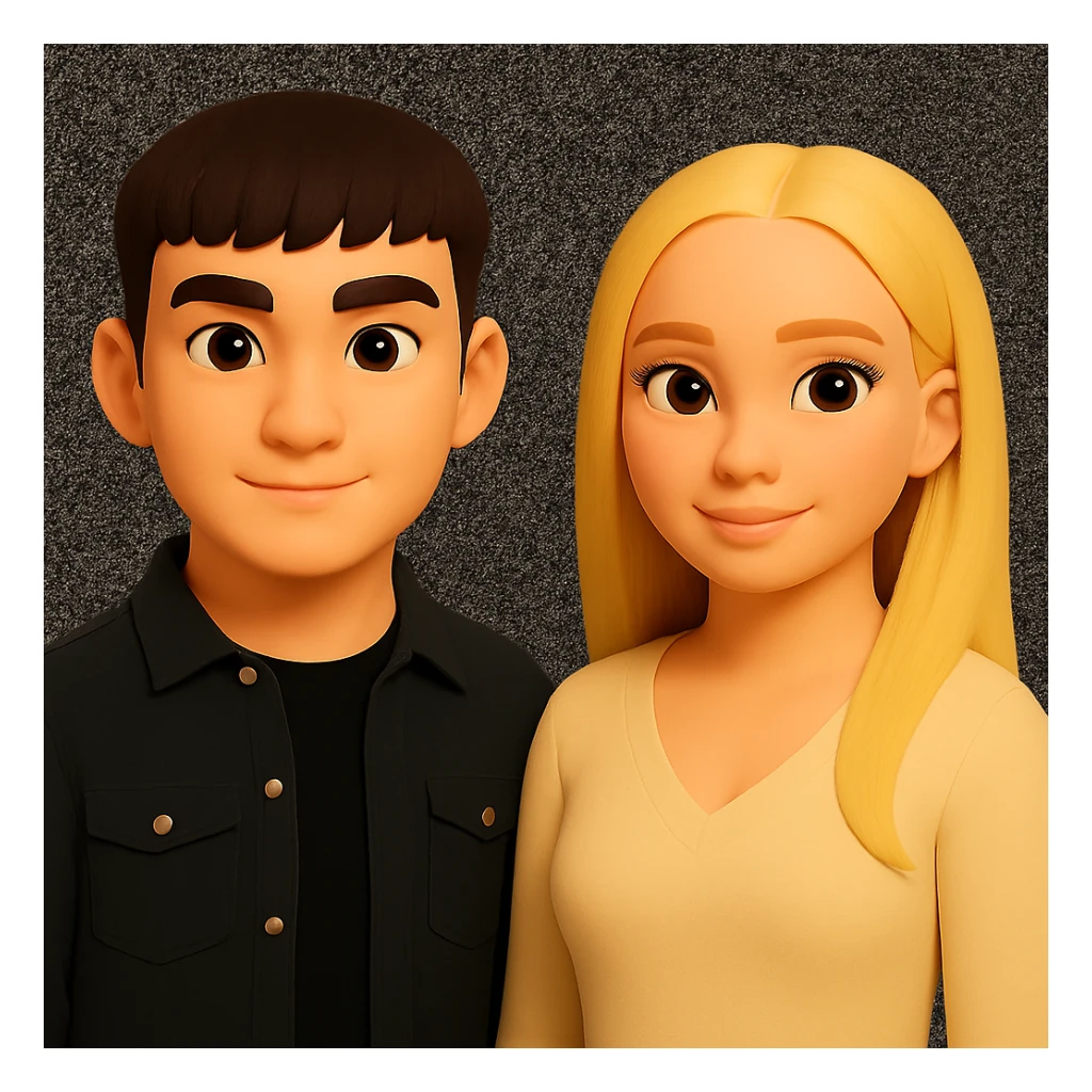 Make the people in the image stand slightly farther apart from each other while preserving the original style and background. sticker