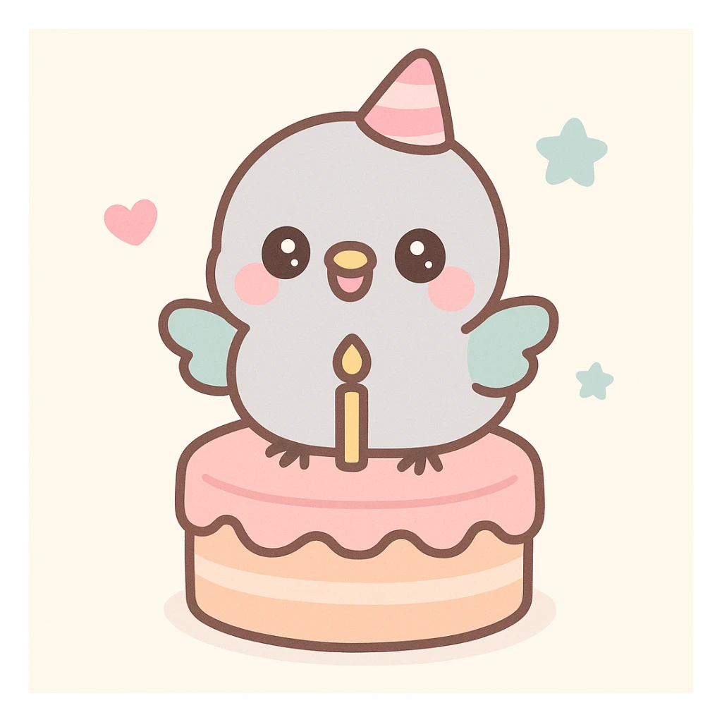 baby pigeon standing on birthday cake, joyful expression, pastel tone soft illustration sticker