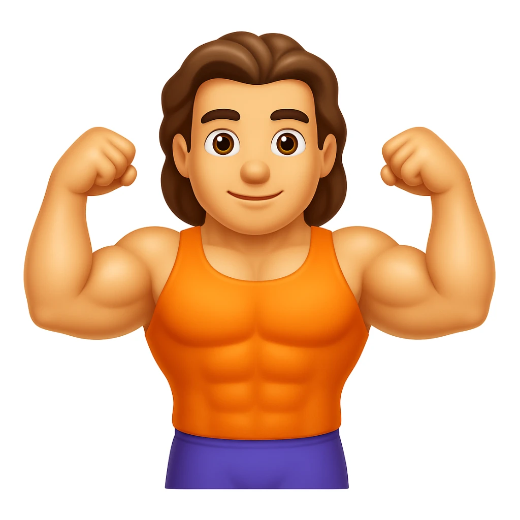 Create an emoji that looks exactly like the reference image in iOS emoji style. The emoji should have 3D appearance, shiny surface, smooth gradients, soft shadows, a muscular body, an expressive face, and hair. Add a subtle highlight to the arms while keeping the iOS emoji style. sticker