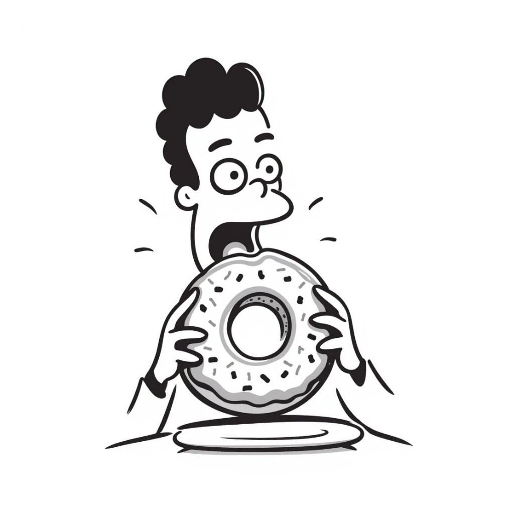 Homer Simpson hand-drawn doodle, exaggerated features, eating a donut sticker
