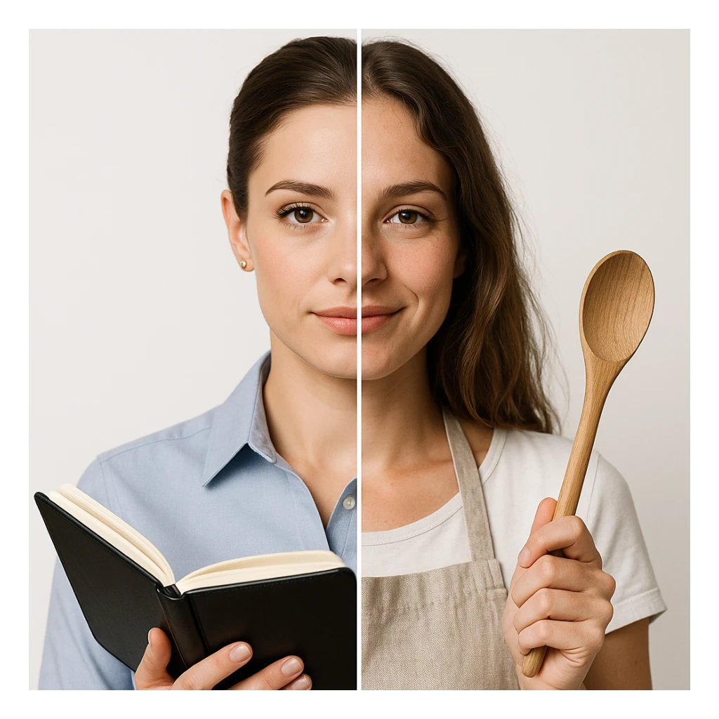 4K hyper realistic split-image of a beautiful woman: left half with soft makeup, hair in a bun, business shirt, holding a planner; right half natural, hair loose, kitchen apron, holding a wooden spoon, gentle smile, symmetrical, white background, clear contrast sticker